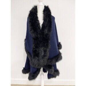 Donna Lepure Navy 100% Wool Knit Shawl Wrap Women Old Money Mob Wife Faux Fur